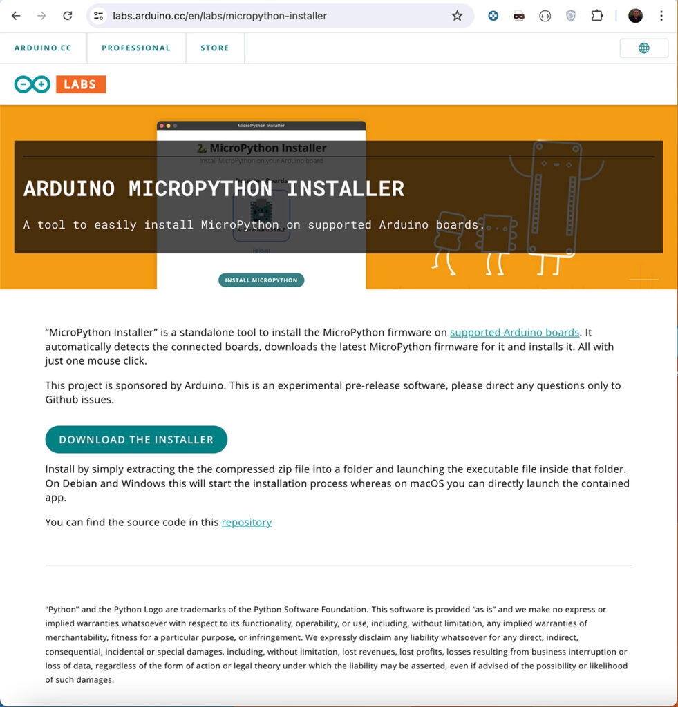 Arduino MicroPython Installer webpage