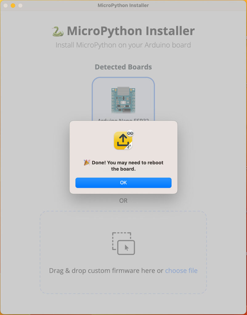 MicroPython Installer Arduino nano ESP32 flashing done