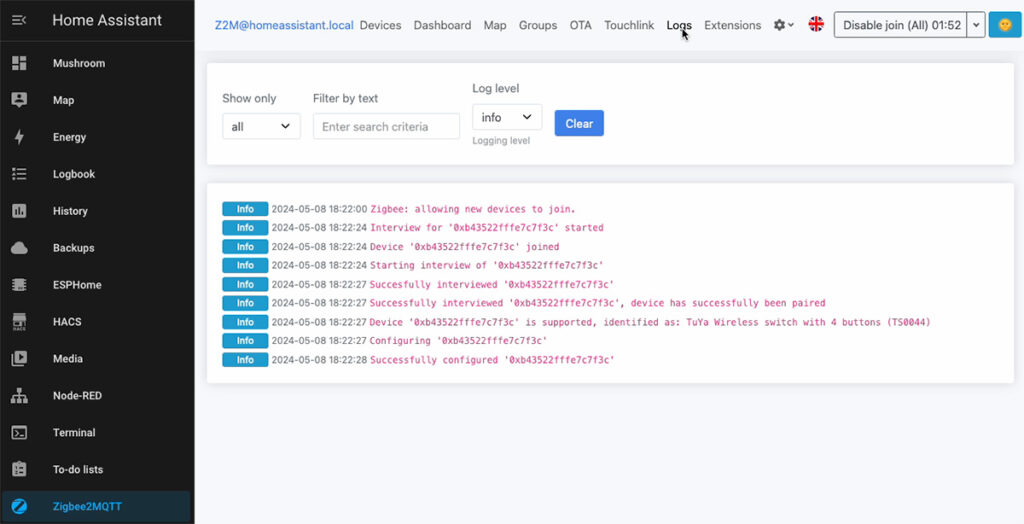 MOES HomeAssistant ZigBee check logs