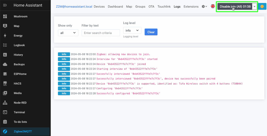 MOES HomeAssistant ZigBee disable join